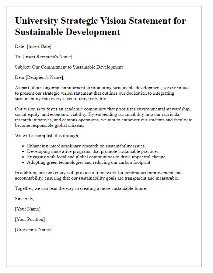 Letter template of university strategic vision statement for sustainable development.