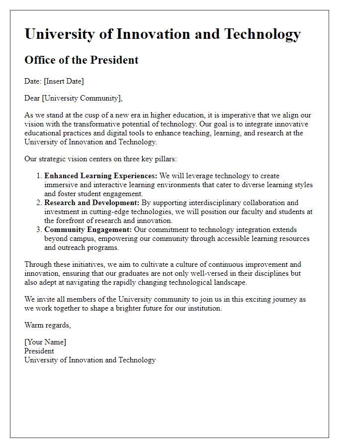 Letter template of university strategic vision statement for technology integration.