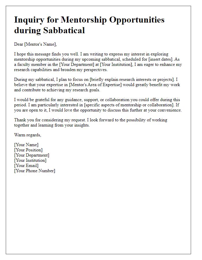 Letter template of faculty research sabbatical inquiry for mentorship opportunities