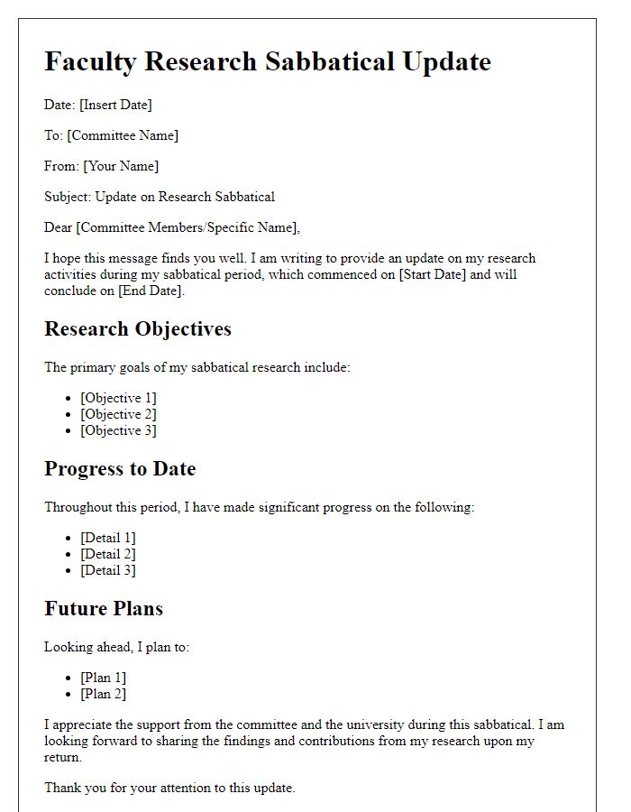 Letter template of faculty research sabbatical update for university committee