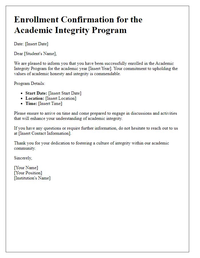 Letter template of Enrollment for Academic Integrity Program