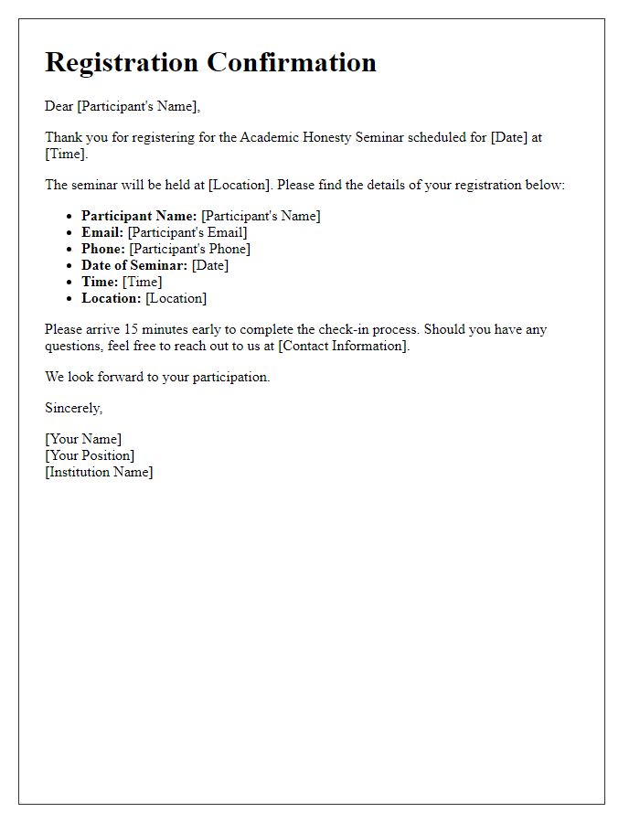 Letter template of Registration for Academic Honesty Seminar