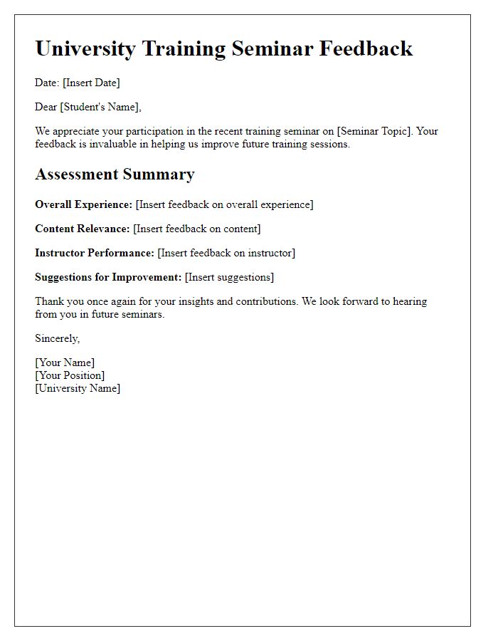 Letter template of assessment for university training seminar feedback.