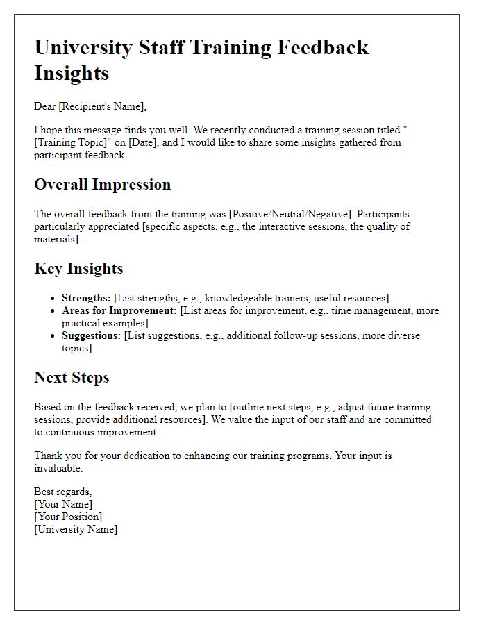 Letter template of insights for university staff training feedback.