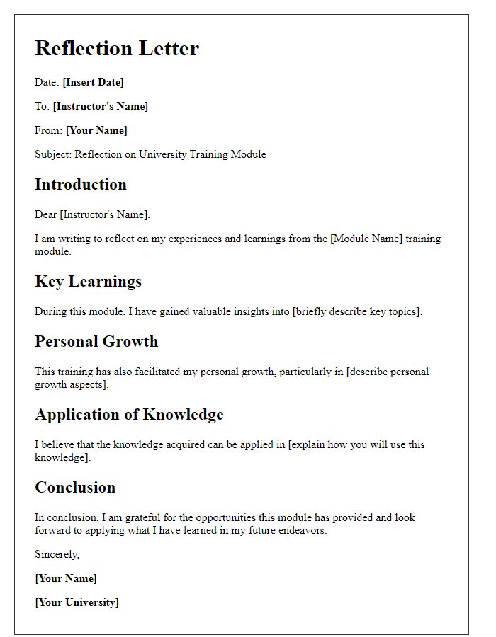 Letter template of reflections for university training module responses.