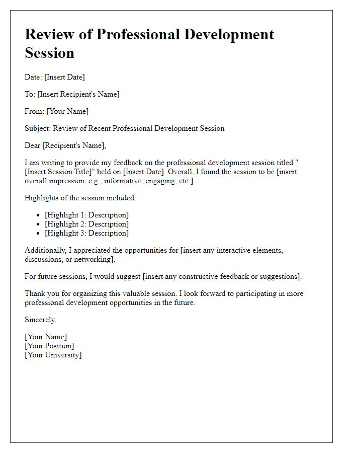 Letter template of review for university professional development session.