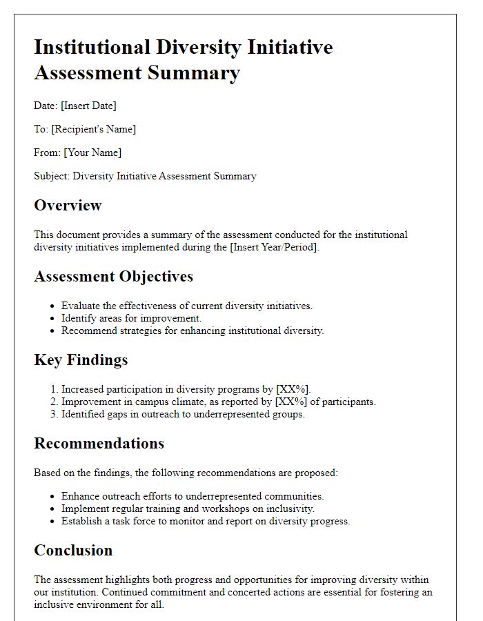 Letter template of institutional diversity initiative assessment summary