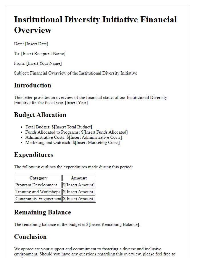 Letter template of institutional diversity initiative financial overview