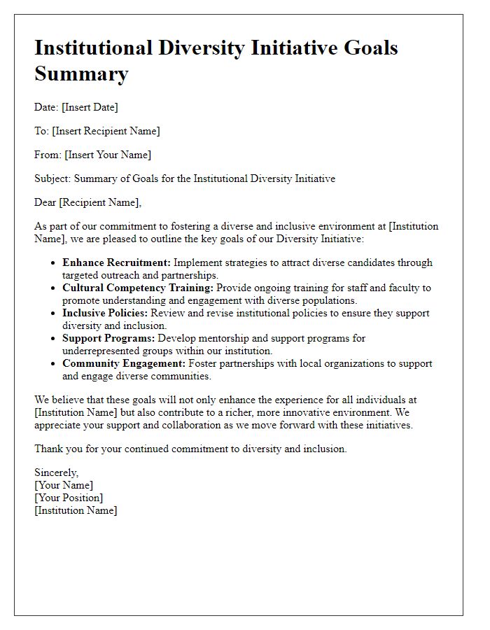 Letter template of institutional diversity initiative goals summary