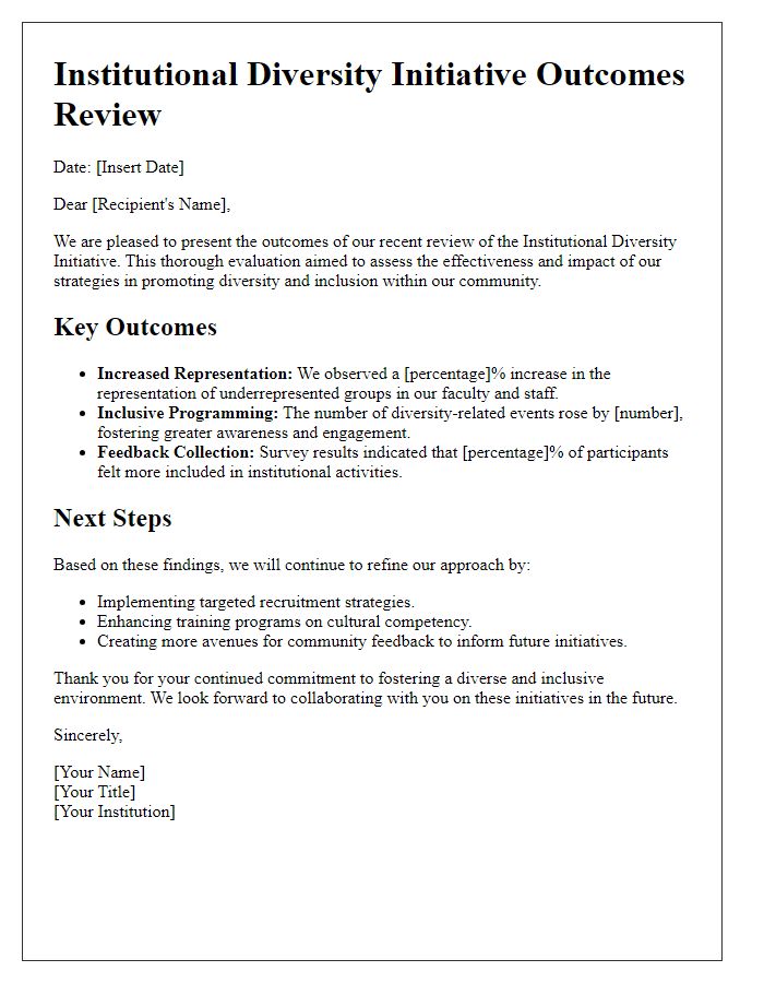 Letter template of institutional diversity initiative outcomes review