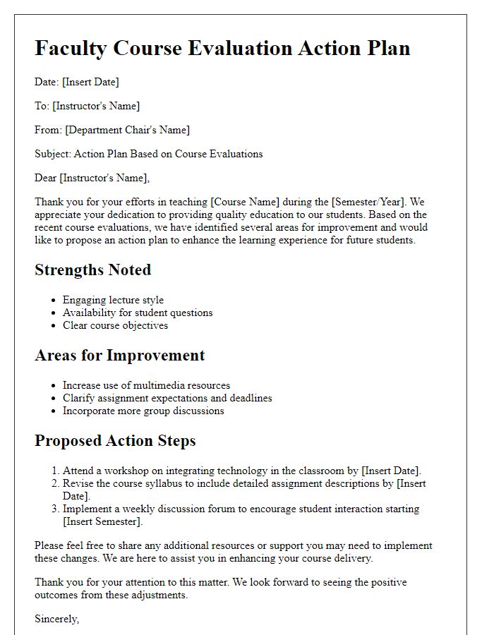 Letter template of faculty course evaluation action plan