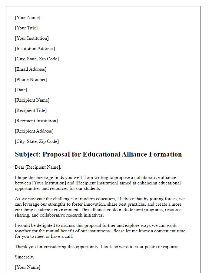 Letter template of educational alliance formation.