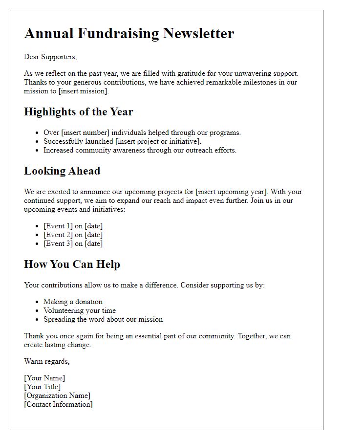 Letter template of annual fundraising newsletter for supporters