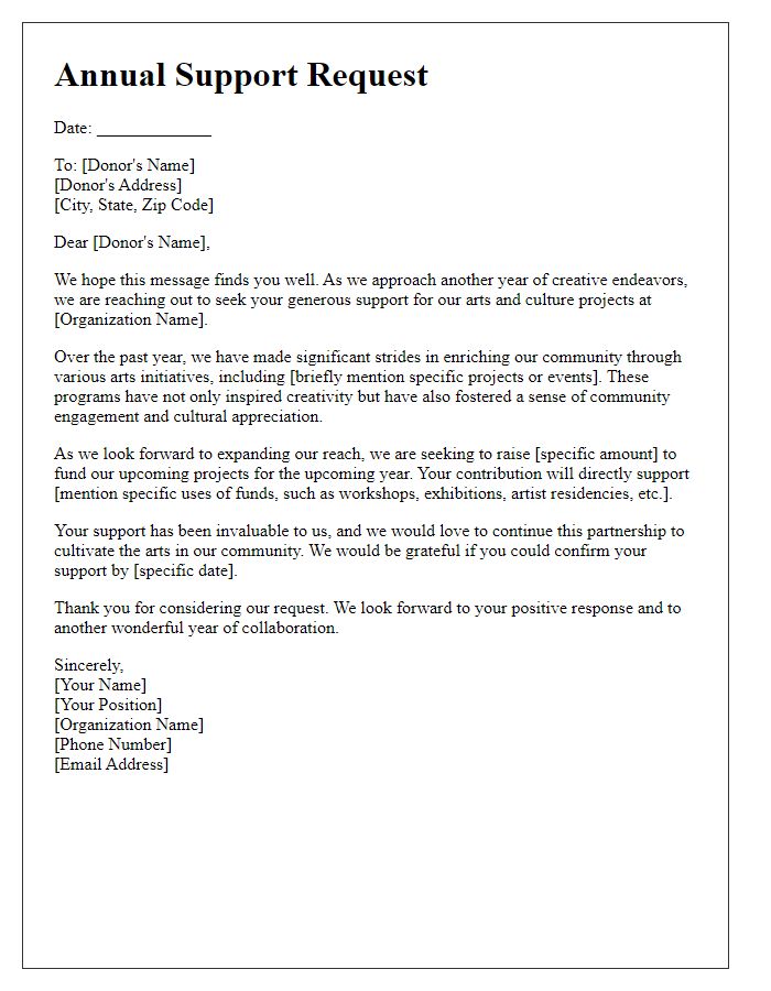 Letter template of annual support request for arts and culture projects