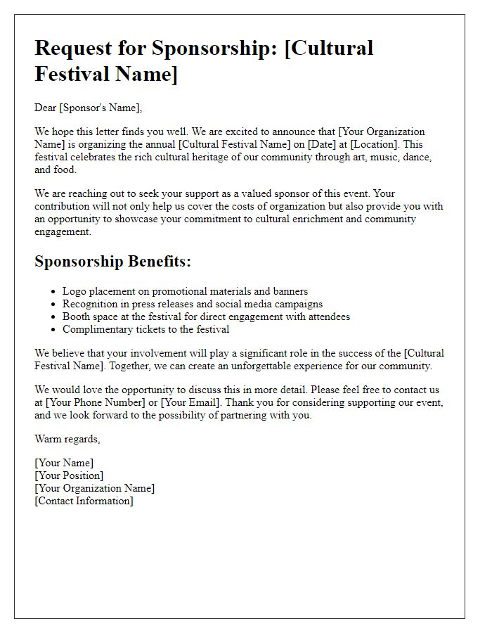 Letter template of nonprofit sponsorship call for cultural festival support.