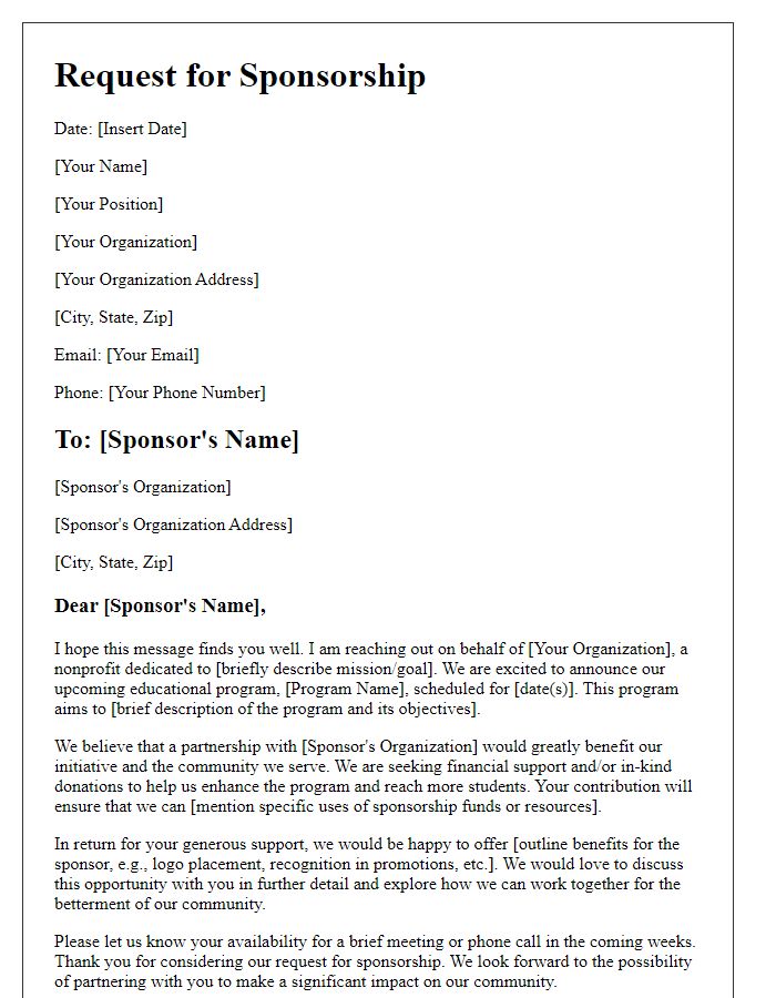 Letter template of nonprofit sponsorship inquiry for educational program.