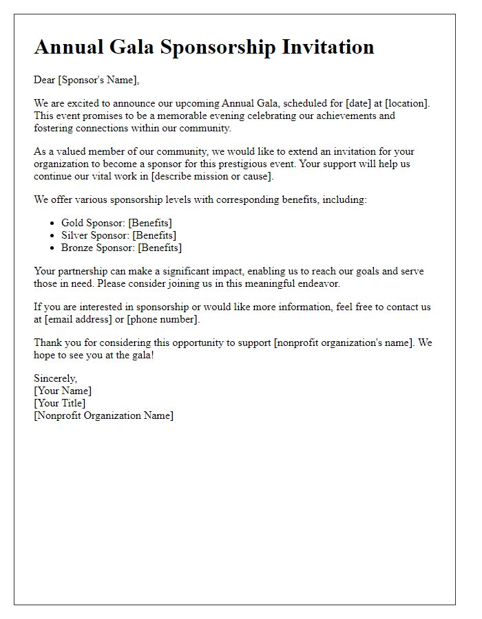 Letter template of nonprofit sponsorship invitation for annual gala.