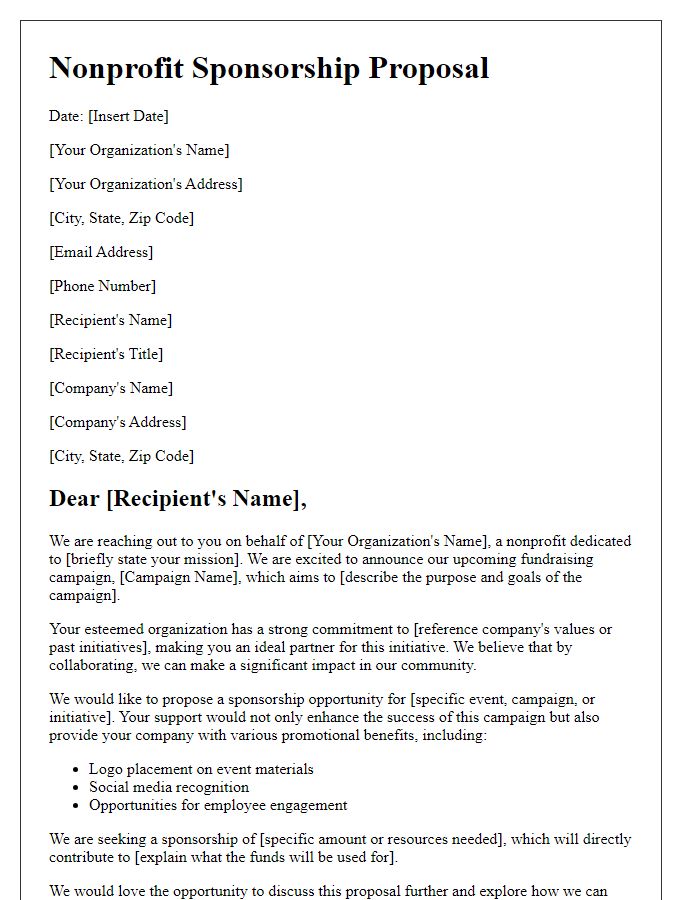 Letter template of nonprofit sponsorship proposal for fundraising campaign.