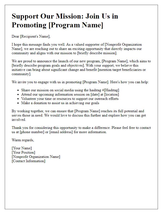 Letter template of nonprofit advocacy outreach for program promotion