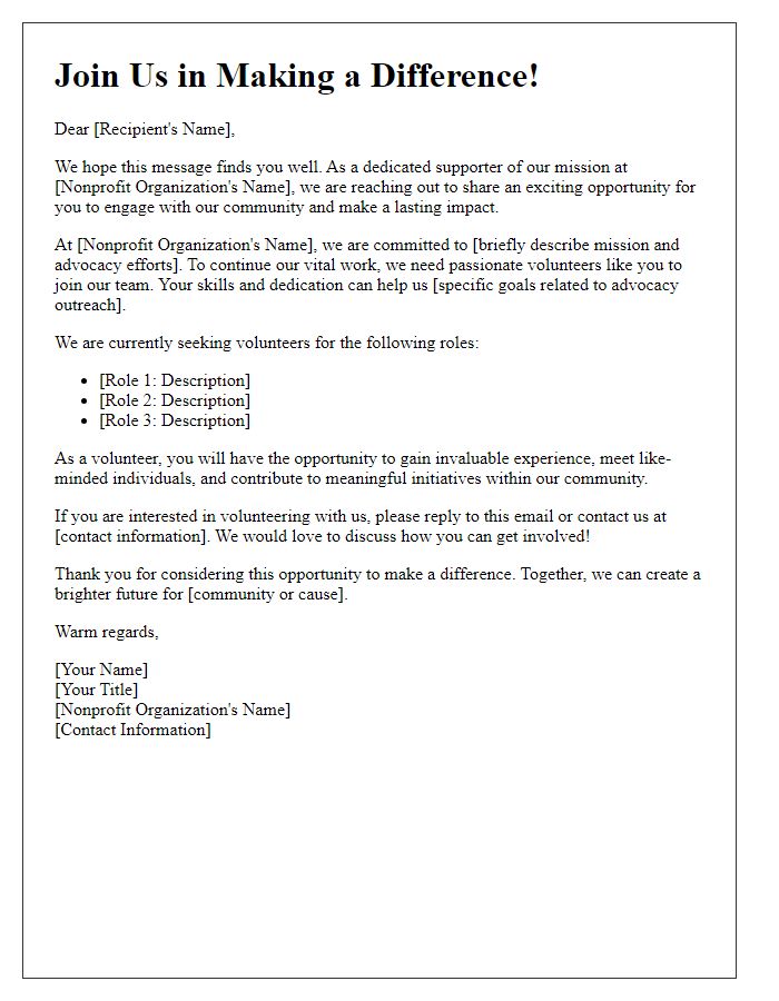 Letter template of nonprofit advocacy outreach for volunteer recruitment