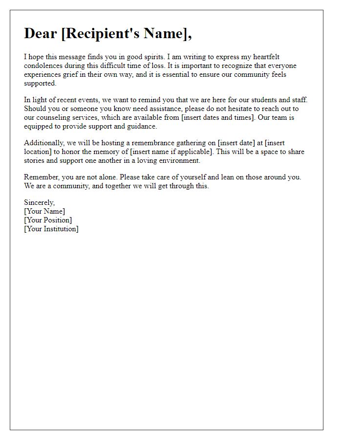 Letter template of support for grieving students and staff