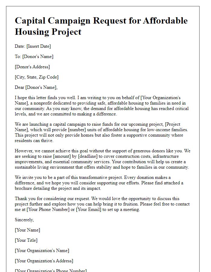 Letter template of capital campaign request for affordable housing project