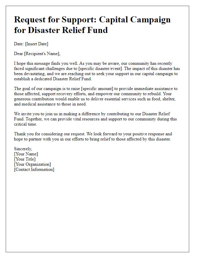 Letter template of capital campaign request for disaster relief fund