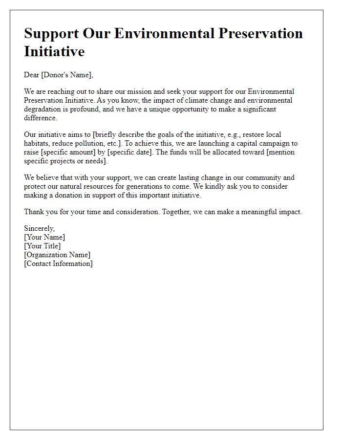 Letter template of capital campaign request for environmental preservation initiative