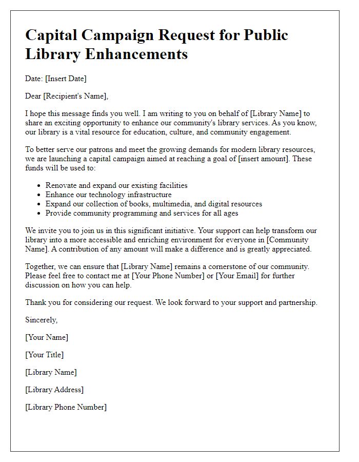 Letter template of capital campaign request for public library enhancements