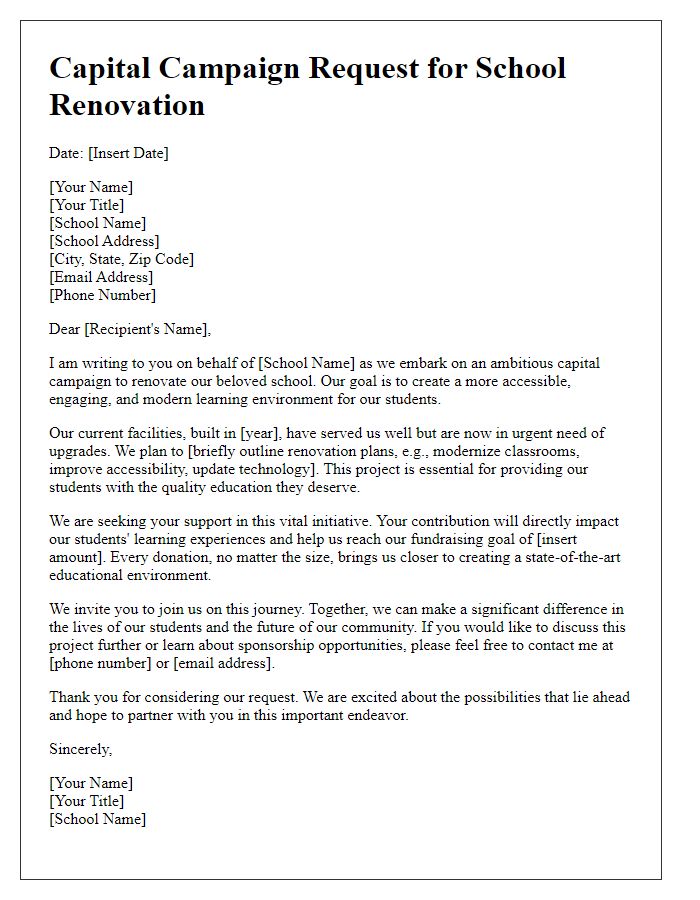 Letter template of capital campaign request for school renovation project