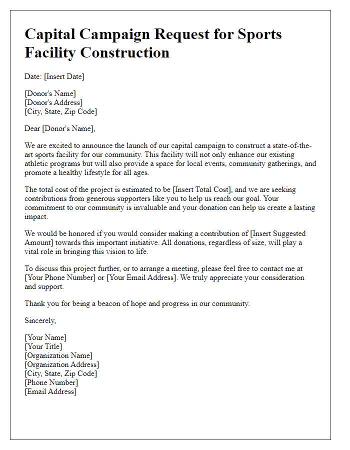 Letter template of capital campaign request for sports facility construction