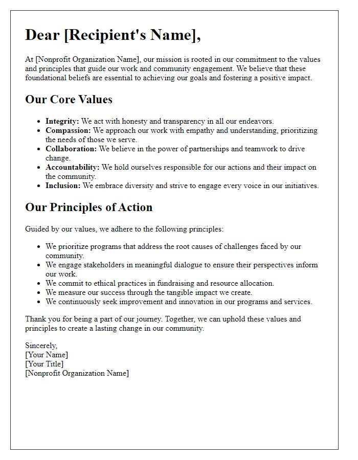 Letter template of nonprofit values and principles