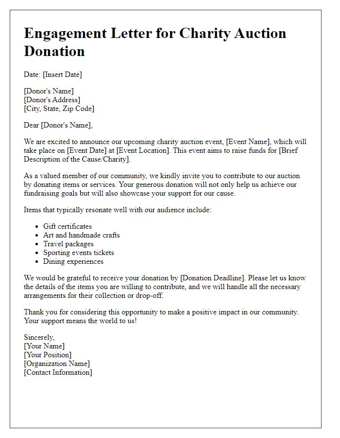 Letter template of engagement for securing donated items for charity auction event.