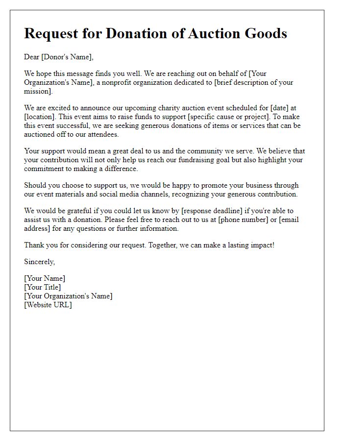 Letter template of outreach for donated auction goods for charitable purpose.