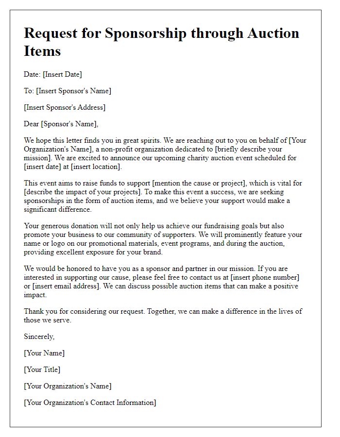 Letter template of request for sponsorship through auction items for charity.