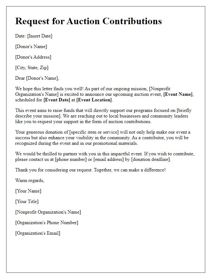 Letter template of solicitation for auction contributions for nonprofit event.