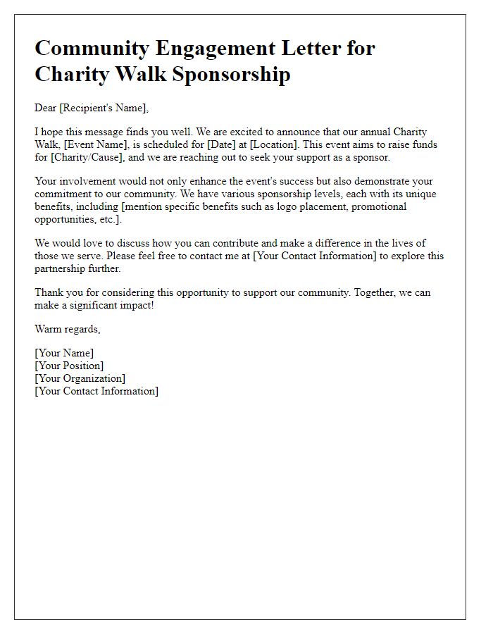 Letter template of community engagement for charity walk sponsorship.