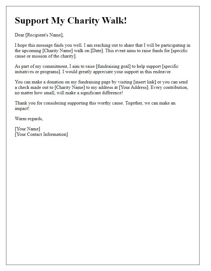 Letter template of fundraising request for charity walk participation.