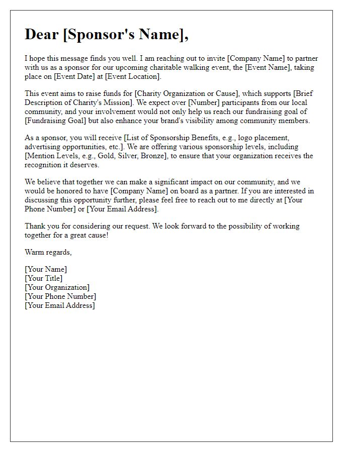 Letter template of sponsorship solicitation for charitable walking event.