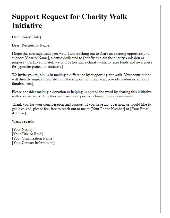 Letter template of support request for a charity walk initiative.