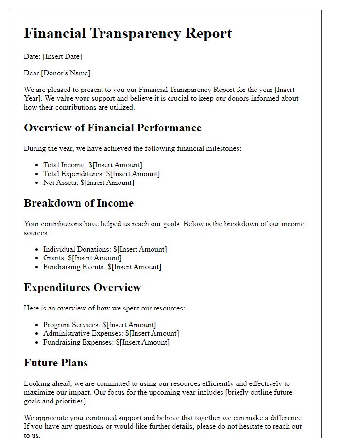 Letter template of financial transparency report for donors