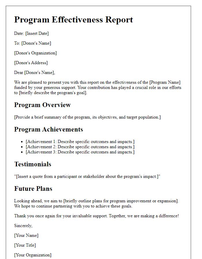 Letter template of program effectiveness for donor review