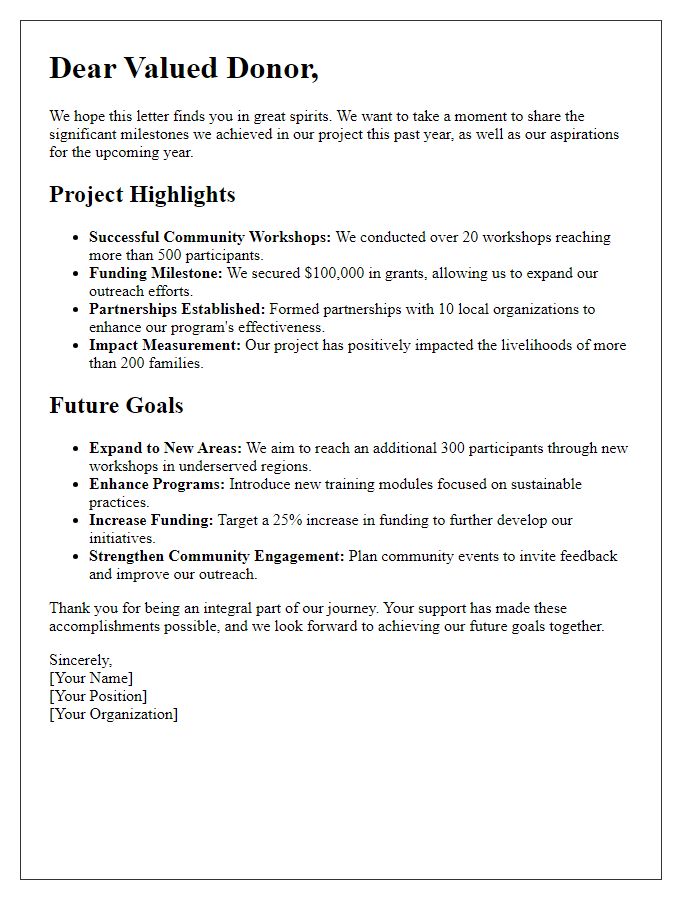 Letter template of project highlights and future goals for donors