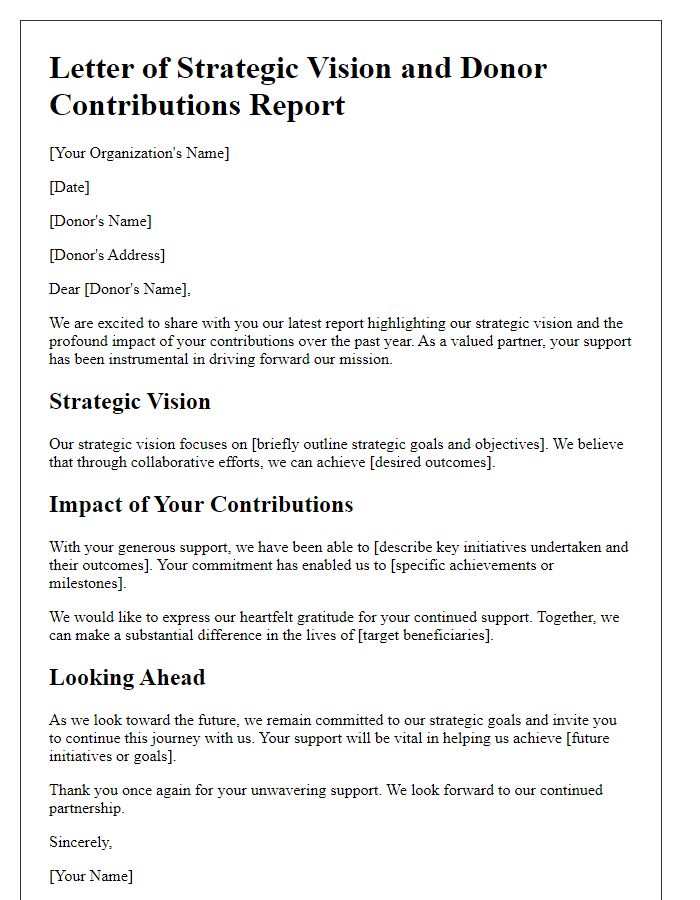 Letter template of strategic vision and donor contributions report