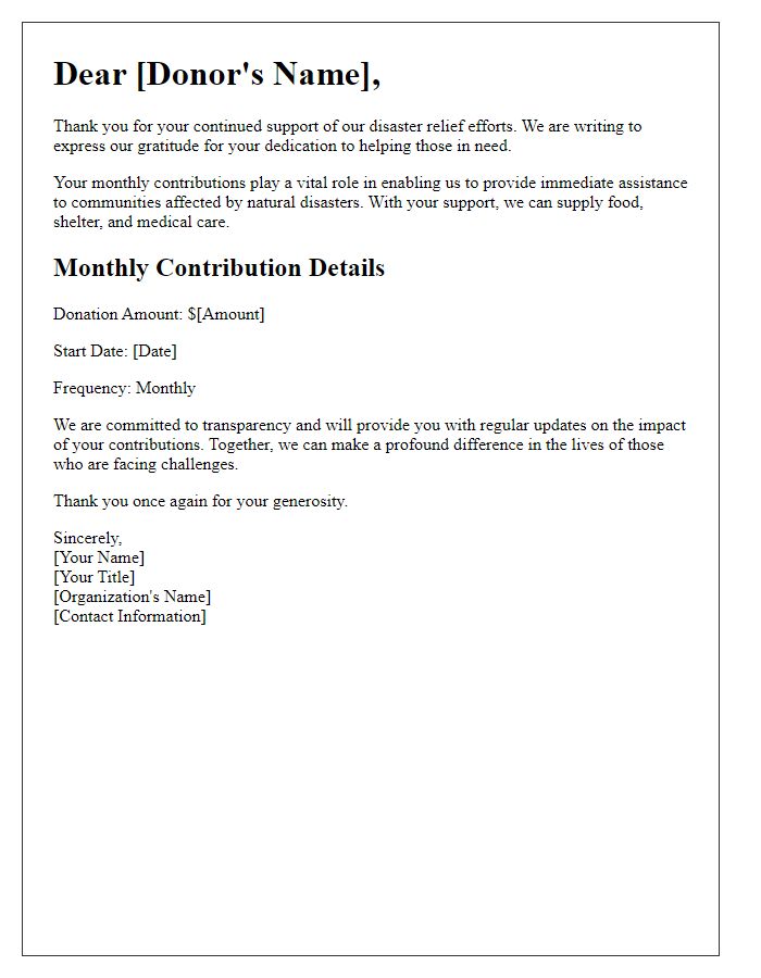 Letter template of dedicated monthly contributions for disaster relief efforts