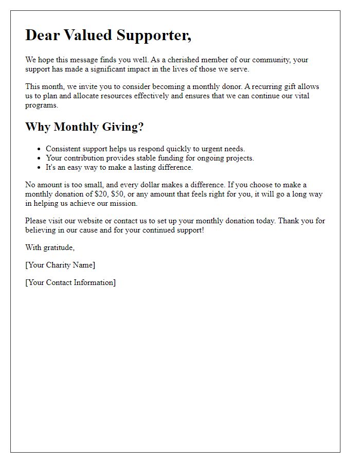 Letter template of monthly giving request for charity supporters