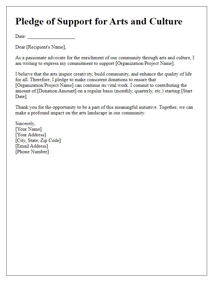 Letter template of pledge for consistent donations to arts and culture