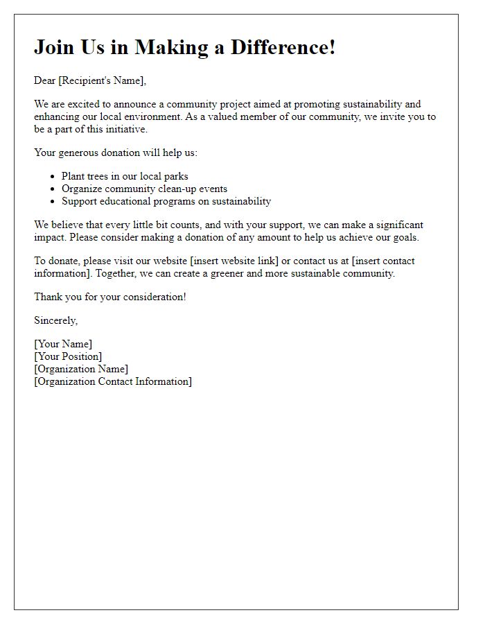 Letter template of sustainable donation invitation for community projects