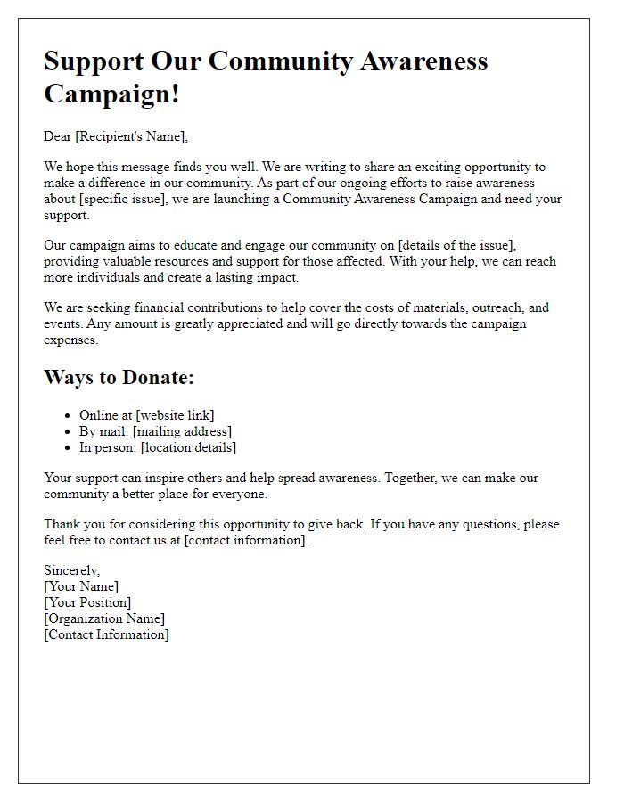 Letter template of Community Awareness Campaign Fundraising Appeal