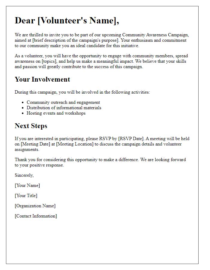 Letter template of Community Awareness Campaign Volunteer Engagement